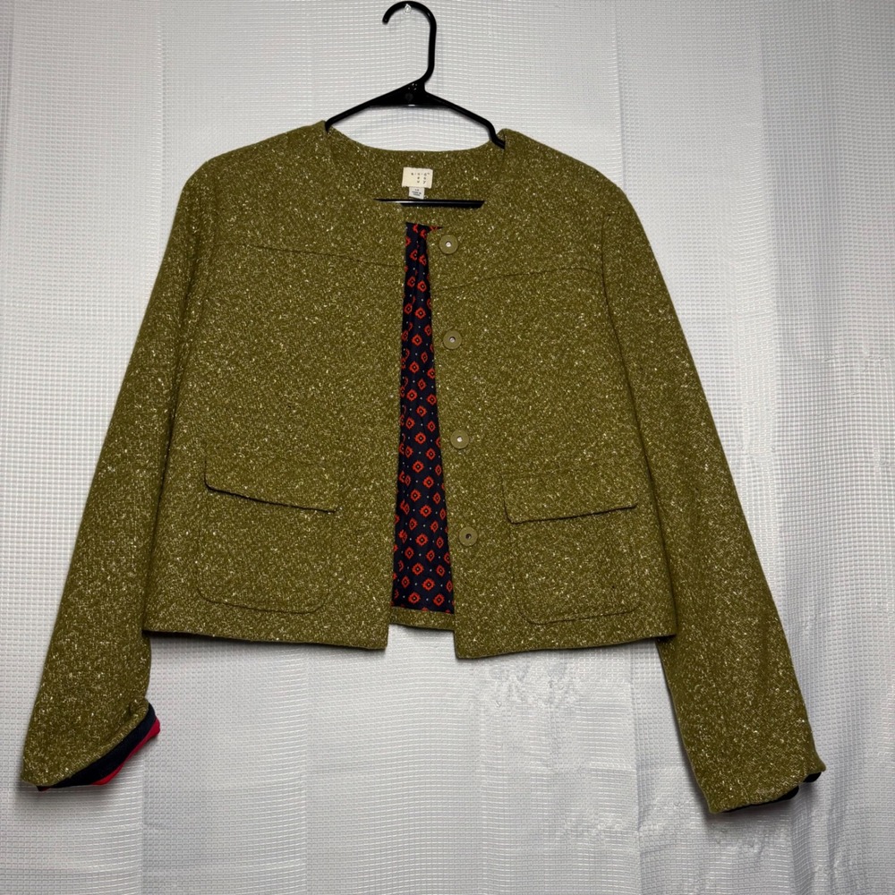 A New Day Cropped‎ Jacket Wool Blend Metallic Olive Green Tweed Blazer 12